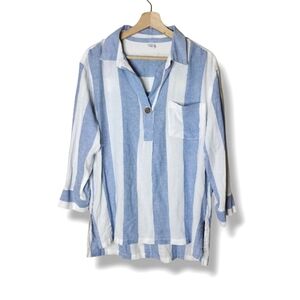Linen-Blend Striped Popover Tunic | Blue/White | Collared | NWT M